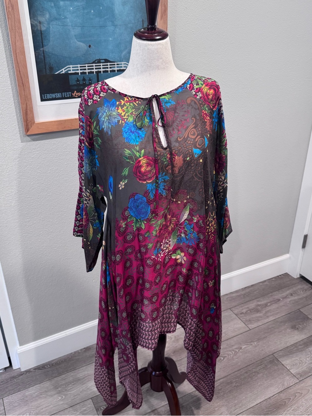 Johnny Was Medium Red and Blue Floral Tunic Dress/ Cover up